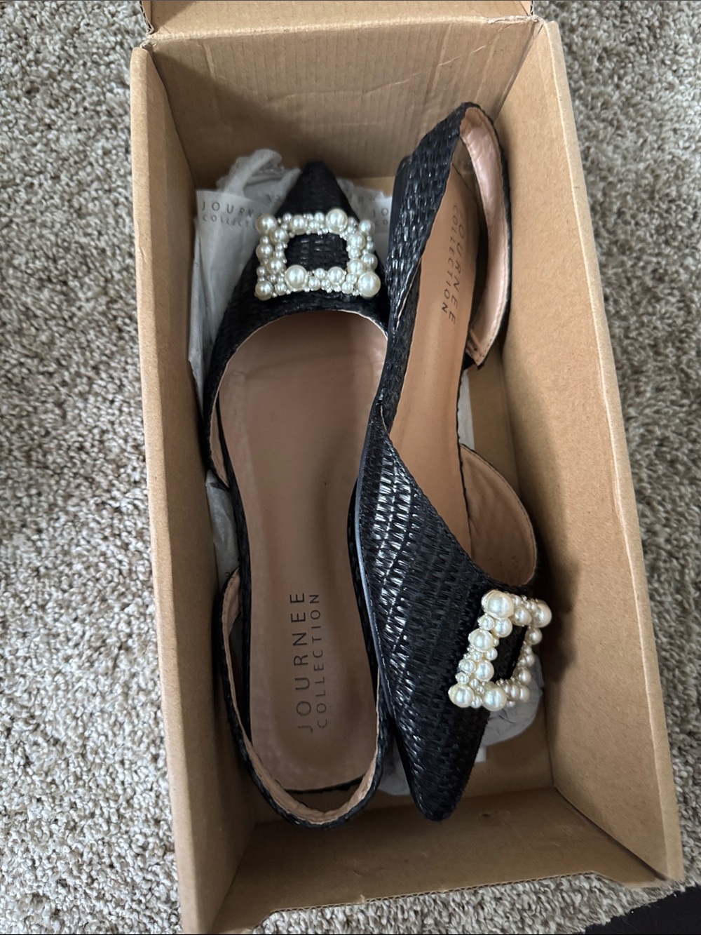 Journee Collection Black Pearl-Buckle Slingback Pointed Flats - Picture 3 of 5